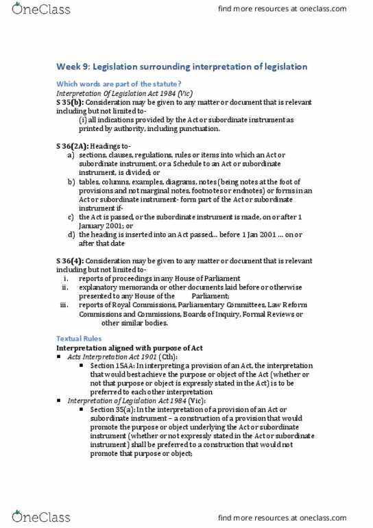 LAW1111 Lecture Notes - Lecture 9: Mischief Rule, Statutory Interpretation thumbnail