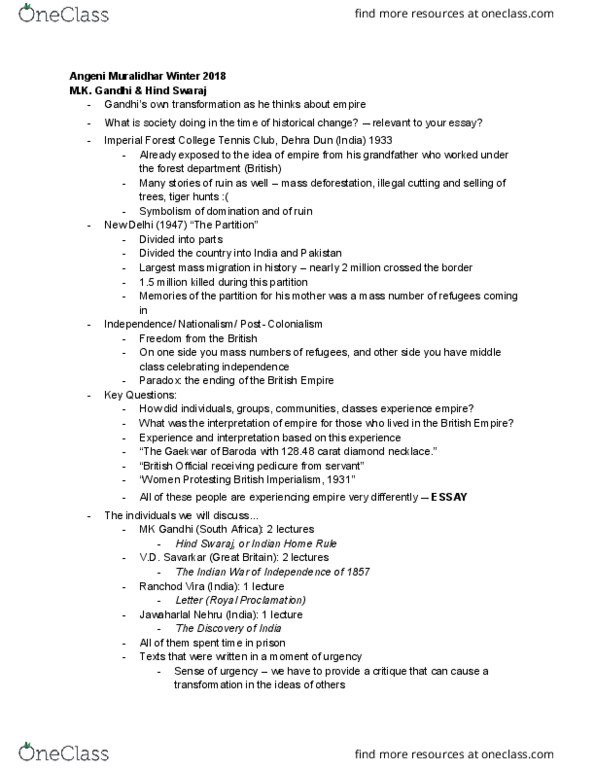 HUMAN 1B Lecture Notes - Lecture 13: Indus River, Chennai Beach Railway Station, Hind Swaraj Or Indian Home Rule thumbnail