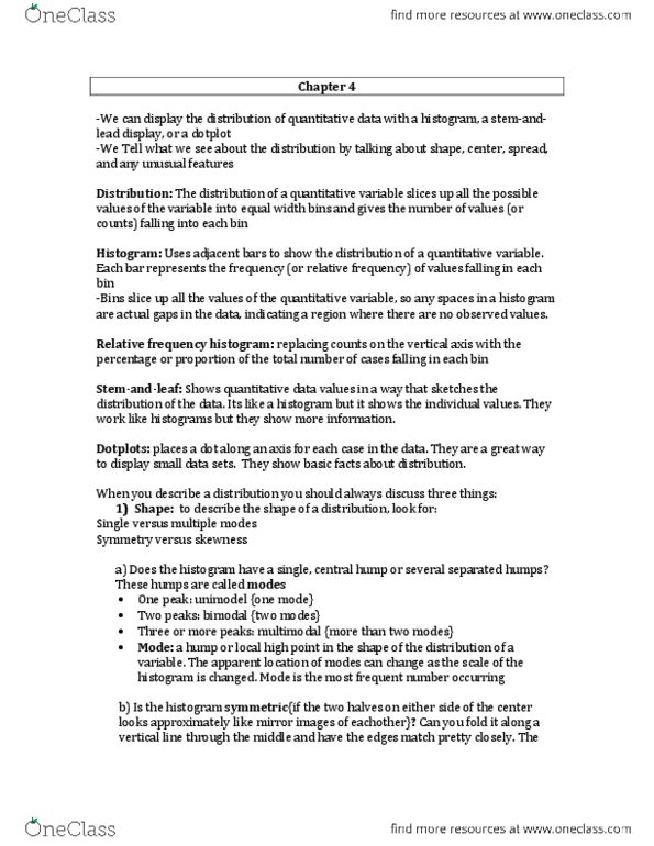 STA220H1 Chapter Notes - Chapter 4: Histogram, Standard Deviation, Interquartile Range thumbnail