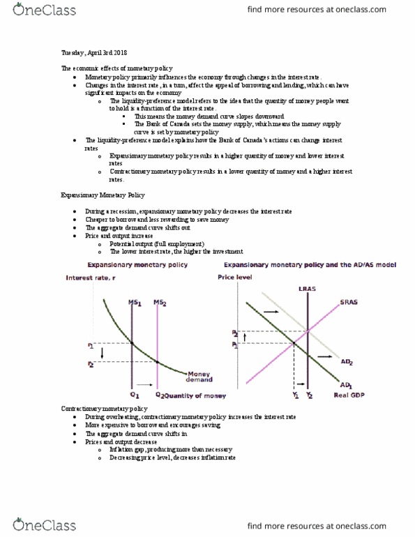 ECO 1102 Lecture Notes - Lecture 14: Loanable Funds, Monetary Policy, Aggregate Demand thumbnail