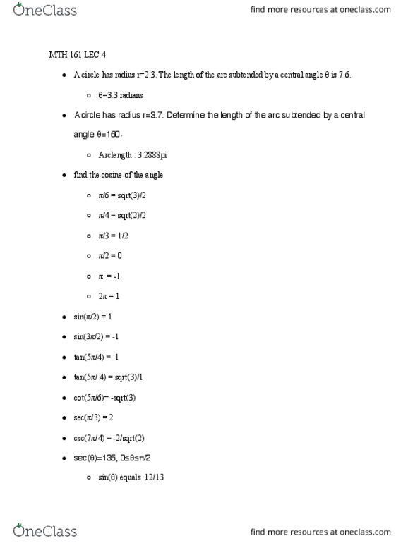 MTH 161 Lecture Notes - Lecture 4: Central Angle, Arc Length thumbnail