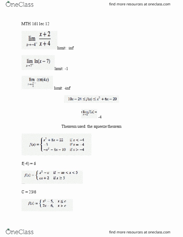 MTH 161 Lecture Notes - Lecture 12: Intermediate Value Theorem, Squeeze Theorem thumbnail