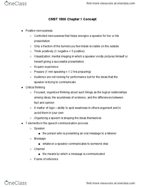 CMST-1500 Chapter Notes - Chapter 1: Ethnocentrism, Mental Image, Critical Thinking thumbnail