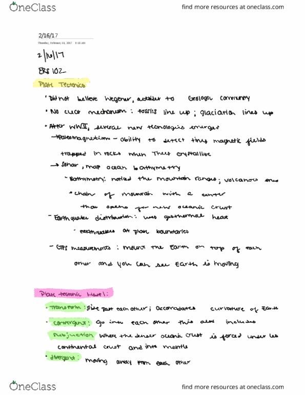 ERS 102 Lecture 5: ERS 102 Plate Tectonics 2/16/17 thumbnail