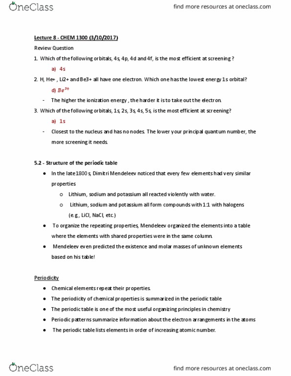 CHEM 1300 Lecture Notes - Lecture 8: Core Electron, Valence Electron, Pauli Exclusion Principle thumbnail