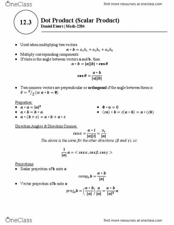 MATH 2204 Lecture Notes - Lecture 3: Dot Product, Vector Projection thumbnail