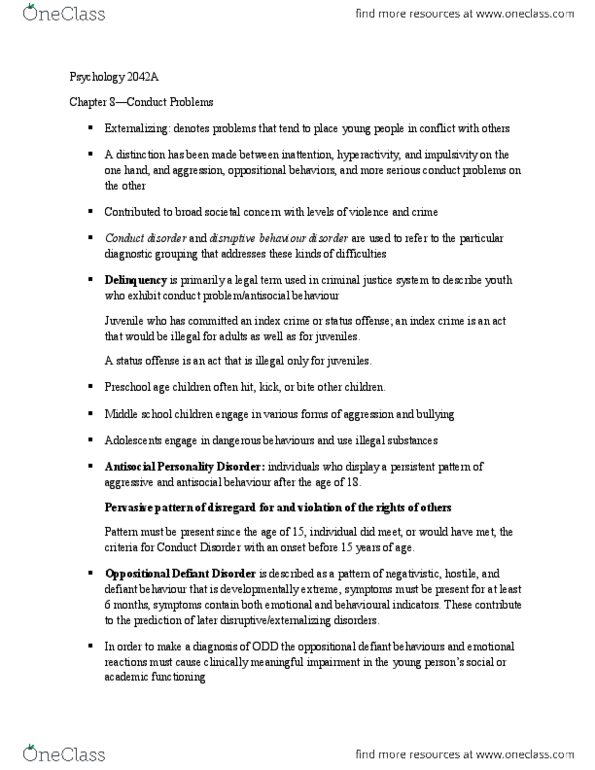 Psychology 2042A/B Chapter Notes - Chapter 8: Oppositional Defiant Disorder, Antisocial Personality Disorder, Conduct Disorder thumbnail