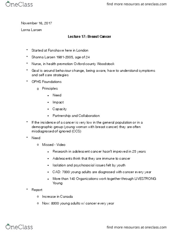 Health Sciences 1001A/B Lecture Notes - Lecture 17: Epidemiology, Protective Factor, Breast Lump thumbnail