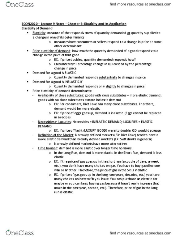 ECON 2020 Lecture Notes - Lecture 9: Demand Curve, Midpoint Method thumbnail