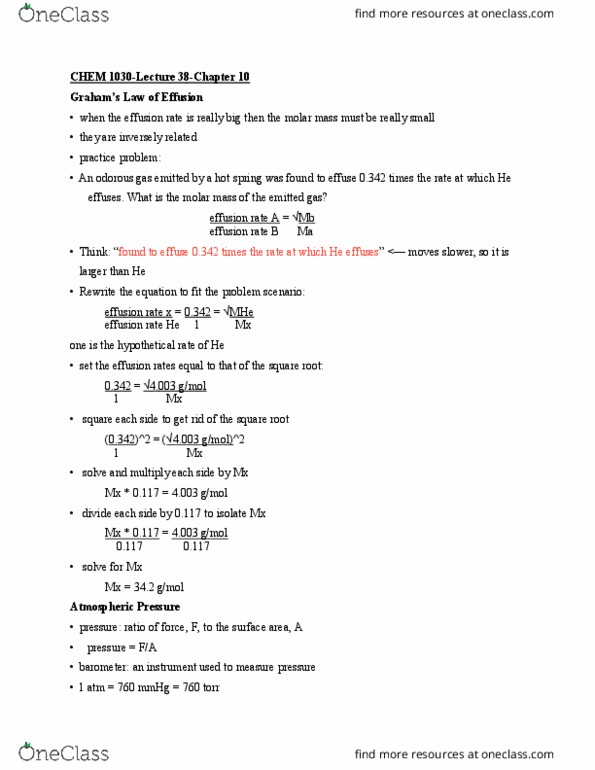 CHEM 1030 Lecture Notes - Lecture 38: Combined Gas Law, Pressure Measurement, Ideal Gas Law thumbnail