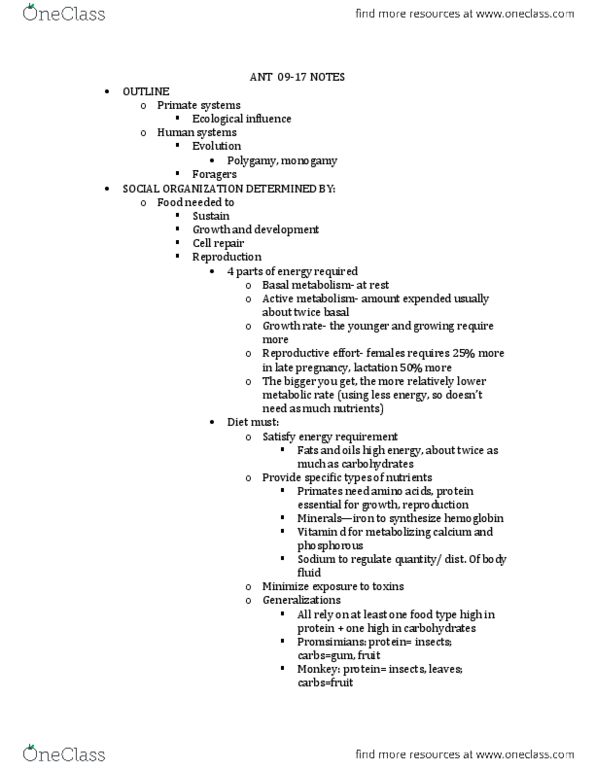 ANT-2301 Lecture Notes - Rhesus Macaque, Folivore, Frugivore thumbnail