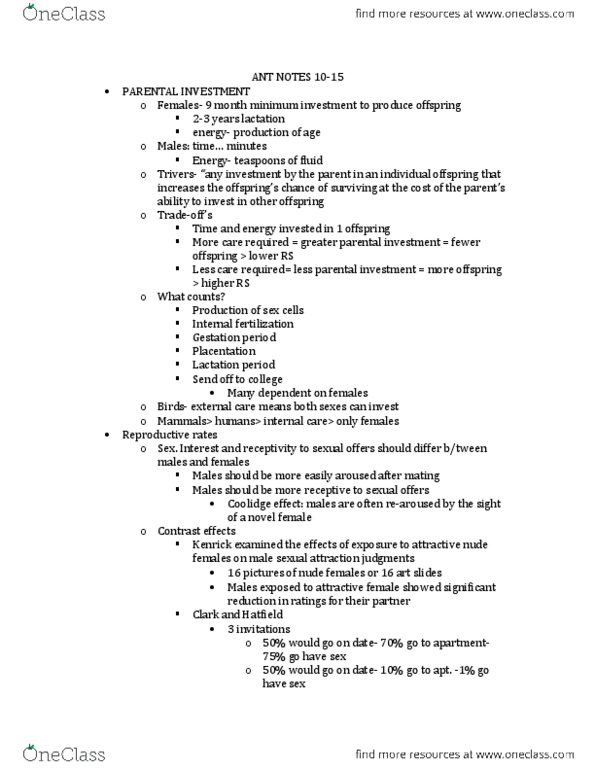 ANT-2301 Lecture Notes - Parental Investment, Reciprocal Altruism, Kin Selection thumbnail