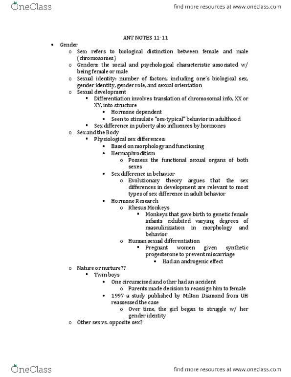 ANT-2301 Lecture Notes - Gender Identity, Sexual Identity, Gender Role thumbnail