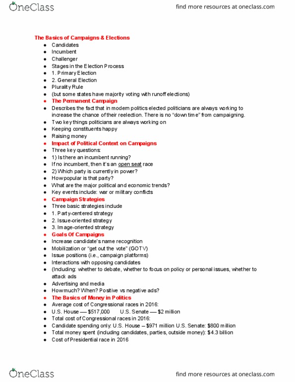 GVPT 170 Lecture Notes - Lecture 10: Political Action Committee, Independent Expenditure, Bipartisan Campaign Reform Act thumbnail