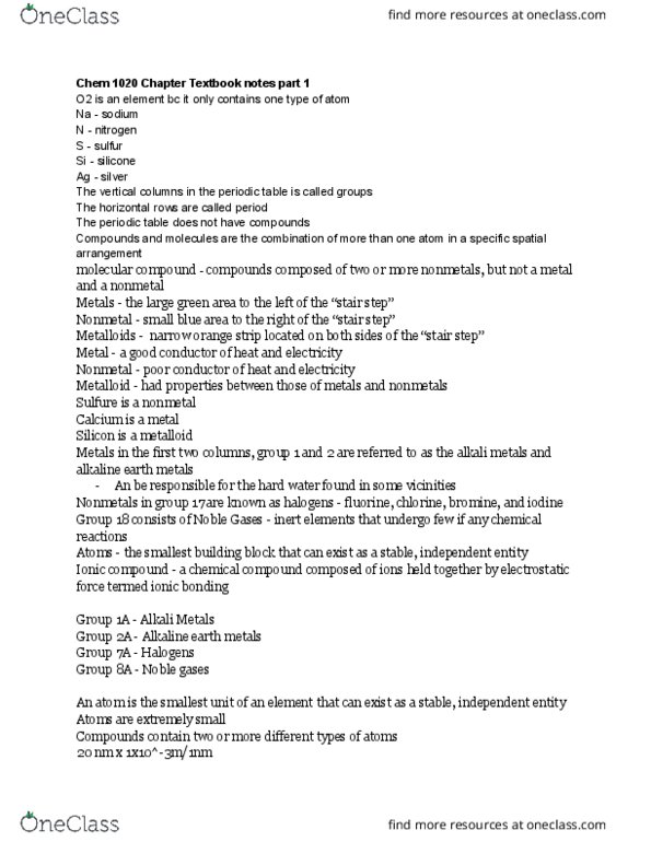 CHM 1020 Chapter Notes - Chapter 1: Mass Number, Tap Water, Atomic Number thumbnail