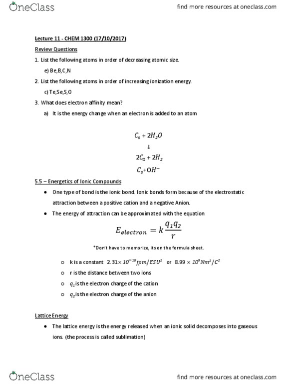 CHEM 1300 Lecture Notes - Lecture 11: Electron Configuration, Noble Gas, Sodium Chloride thumbnail