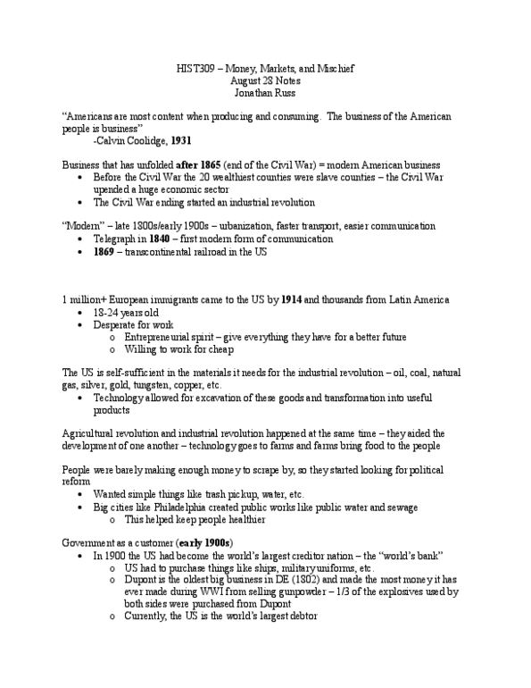 HIST309 Lecture Notes - Lecture 1: Toothpaste, Calvin Coolidge, Tungsten thumbnail
