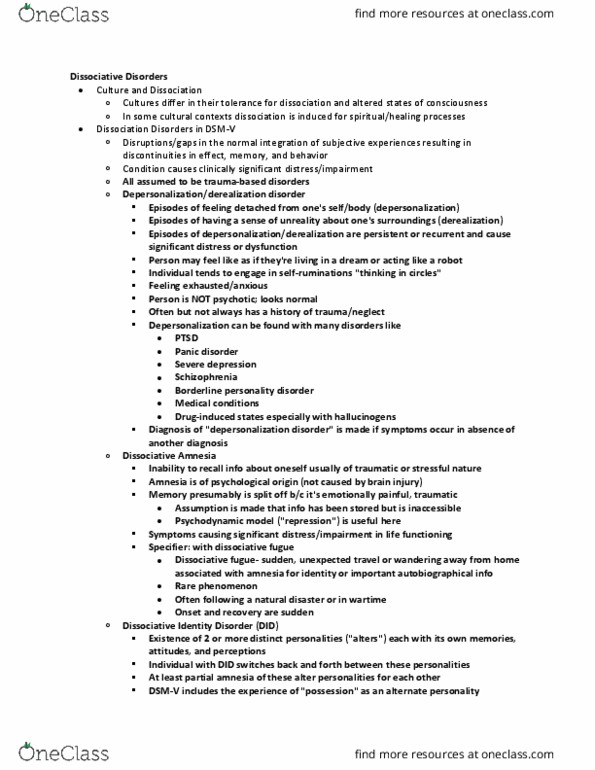 PSC 168 Lecture Notes - Lecture 7: Fantasy Prone Personality, Selective Serotonin Reuptake Inhibitor, Hypochondriasis thumbnail