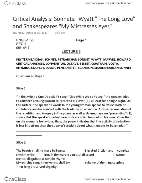 ENGL 1F95 Lecture Notes - Lecture 3: Petrarch, To His Coy Mistress, Sonnet thumbnail
