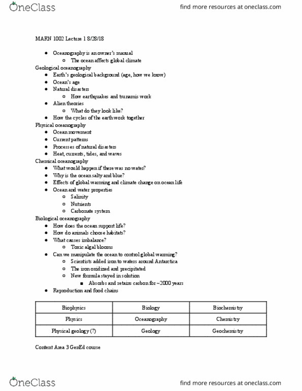 MARN 1002 Lecture Notes - Lecture 1: Marine Geology, Chemical Oceanography, Physical Oceanography thumbnail