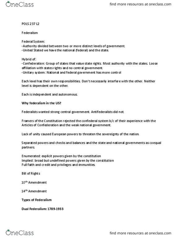 POLS 237 Lecture Notes - Lecture 2: New Federalism, Help America Vote Act, Enumerated Powers thumbnail