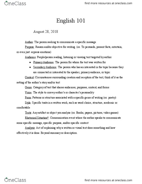 ENGL 101 Chapter Notes - Chapter 1: Rhetorical Situation thumbnail