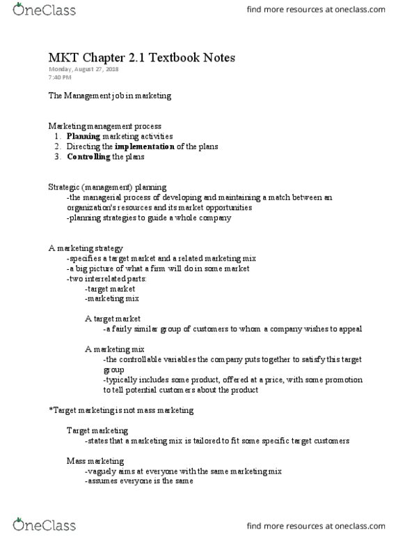 MKT 305 Chapter Notes - Chapter 2.1: Marketing Mix, Mass Marketing, Target Market thumbnail