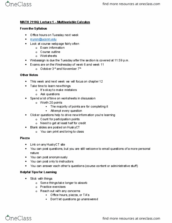 MATH 2110Q Lecture Notes - Lecture 1: Pythagorean Theorem, Horizontal Plane, Hyperbola cover image