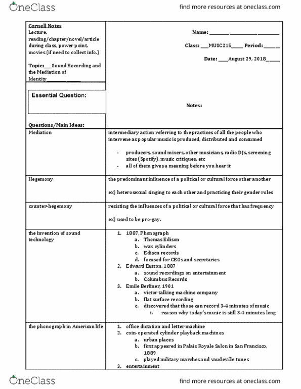 MUSC 215 Lecture Notes - Lecture 2: Enrico Caruso, Thomas Edison, Edison Records thumbnail