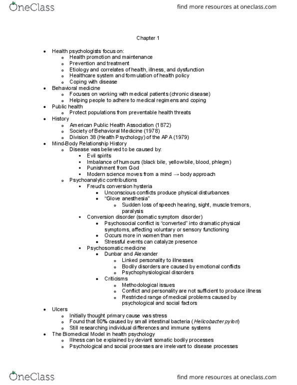 PSYC 412 Lecture Notes - Lecture 1: Biopsychosocial Model, American Public Health Association, Helicobacter Pylori thumbnail