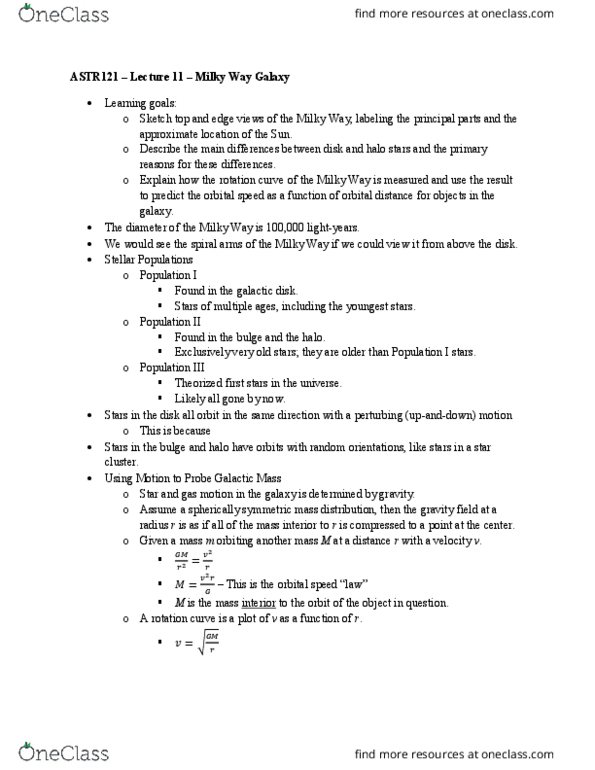 ASTR 121 Lecture Notes - Lecture 11: Mass, Orbital Speed, Solar Mass thumbnail
