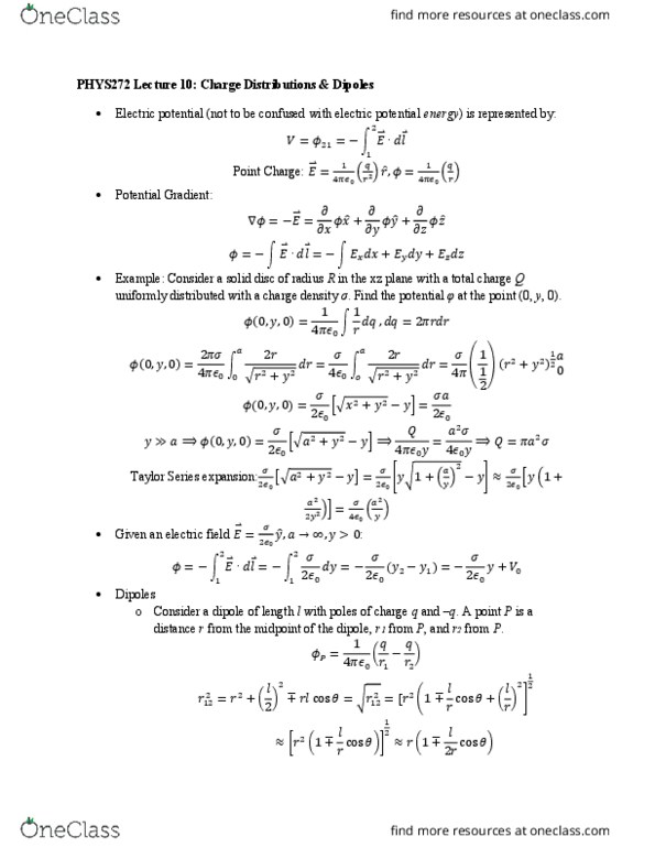 PHYS 272 Lecture Notes - Lecture 10: Electric Potential, Taylor Series, Electric Field thumbnail