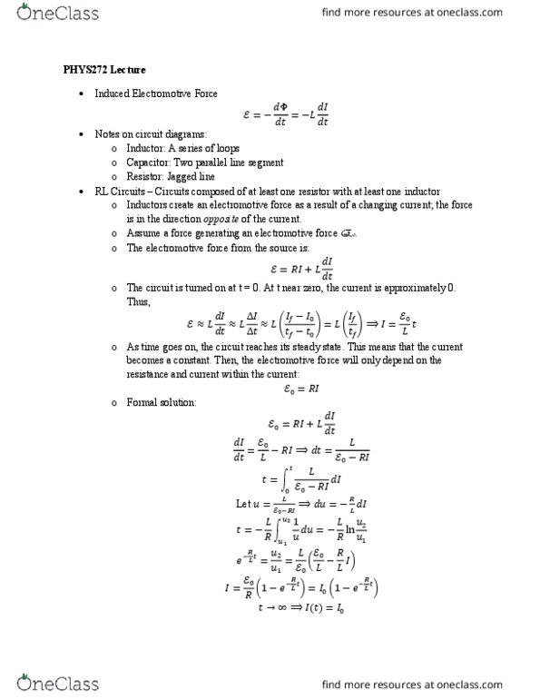 PHYS 272 Lecture Notes - Lecture 31: Electromotive Force, Resistor, Capacitor thumbnail