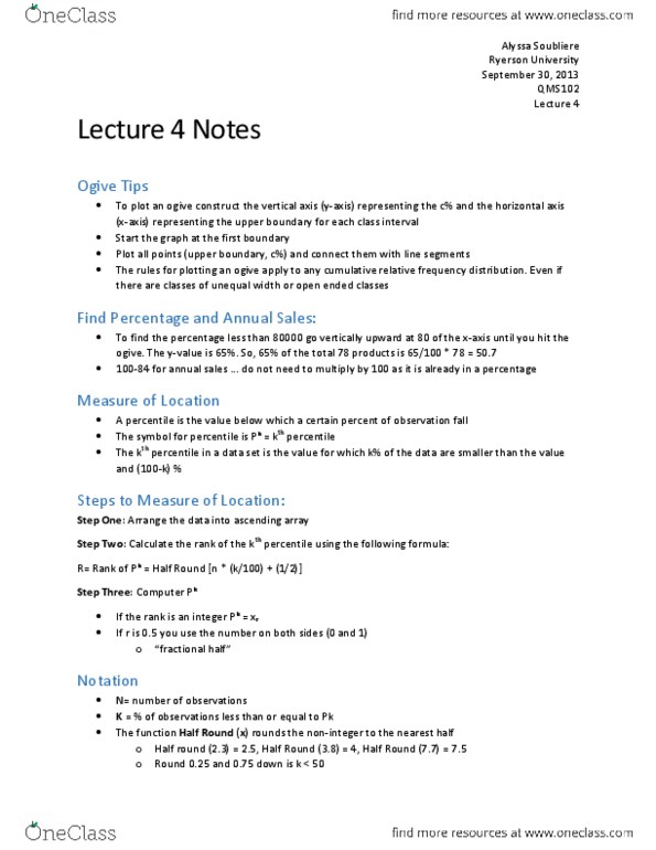 QMS 102 Lecture Notes - Lecture 4: Ryerson University, Quartile, Ogive thumbnail