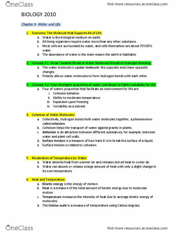 BSC 2010 Lecture Notes - Lecture 2: Hydrophile, Molecular Mass, Surface Tension thumbnail