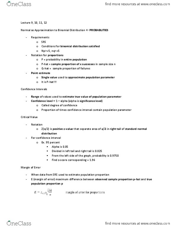 Biology 2244A/B Lecture Notes - Lecture 9: Confidence Interval, Binomial Distribution, Statistical Parameter thumbnail