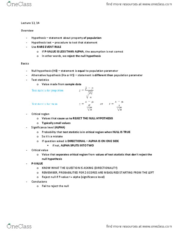 Biology 2244A/B Lecture Notes - Lecture 13: Type I And Type Ii Errors, Null Hypothesis, Statistical Hypothesis Testing thumbnail