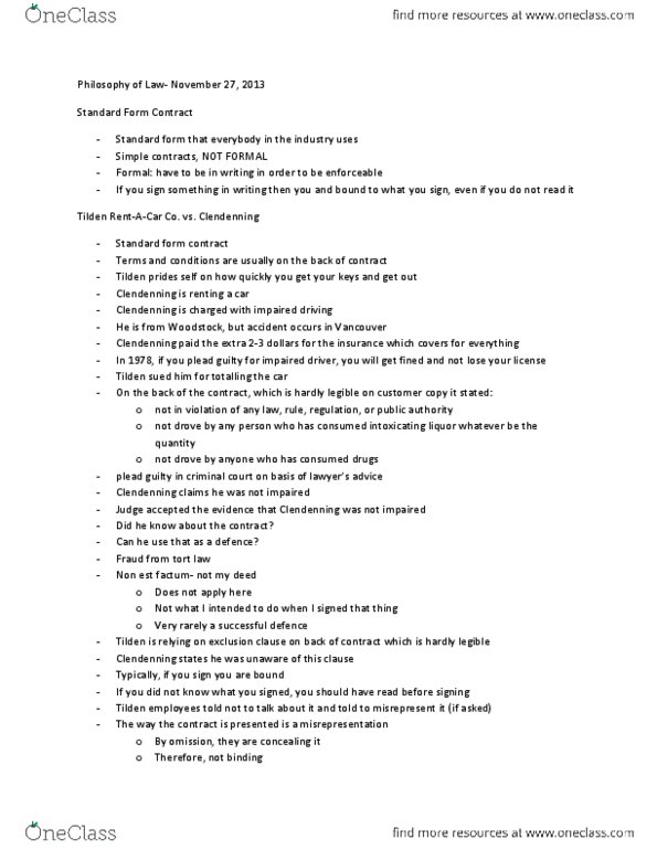 Philosophy 2080 Lecture Notes - Forum Selection Clause, Standard Form Contract, Non Est Factum thumbnail