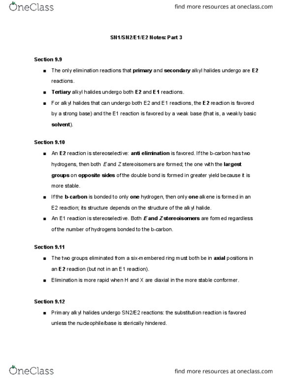 CHEM 281 Chapter Notes - Chapter 9: Elimination Reaction, Stereoselectivity, Substitution Reaction thumbnail