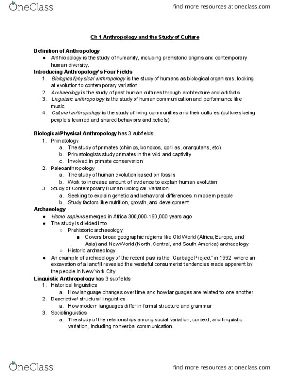 ANTH 1002 Chapter Notes - Chapter 1: Prehistoric Archaeology, Historical Linguistics, Nonverbal Communication thumbnail
