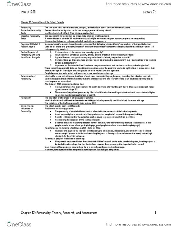 PSYC 1200 Lecture Notes - Big Five Personality Traits, Rorschach Test, Thematic Apperception Test thumbnail