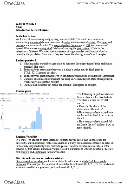 STAT150 Lecture Notes - Lecture 4: Bar Chart, Random Variable, Box Plot thumbnail