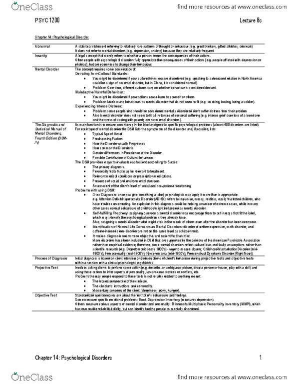 PSYC 1200 Lecture Notes - Beck Depression Inventory, American Psychiatric Association, Mental Disorder thumbnail