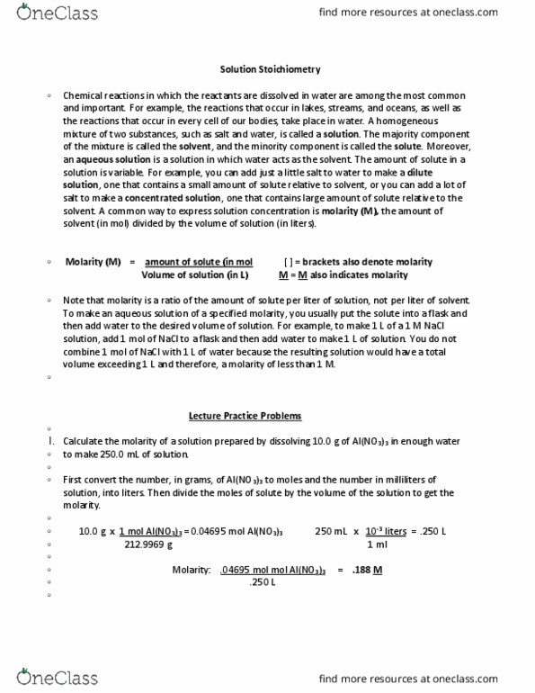 CHM 111 Lecture Notes - Lecture 13: Molar Concentration, Stoichiometry, To-3 thumbnail