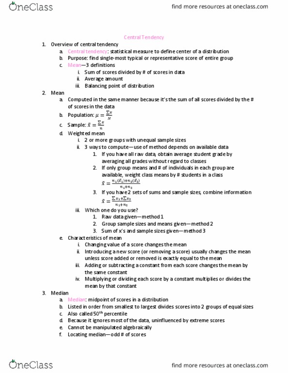 PSYC 2300 Lecture Notes - Lecture 10: Central Tendency, Frequency Distribution thumbnail