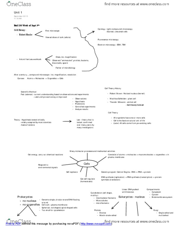 BIOL130 Lecture : Biol130 - Unit1 Intro to the Cell Lecture Notes.pdf thumbnail