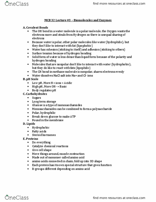 MCELLBI 32 Lecture Notes - Lecture 3: Chemical Polarity, Lipophobicity, Lipophilicity thumbnail