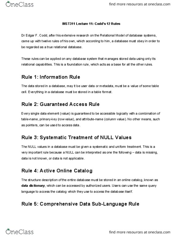 INST 311 Lecture Notes - Lecture 11: Query Language, Data Dictionary, Relational Model thumbnail