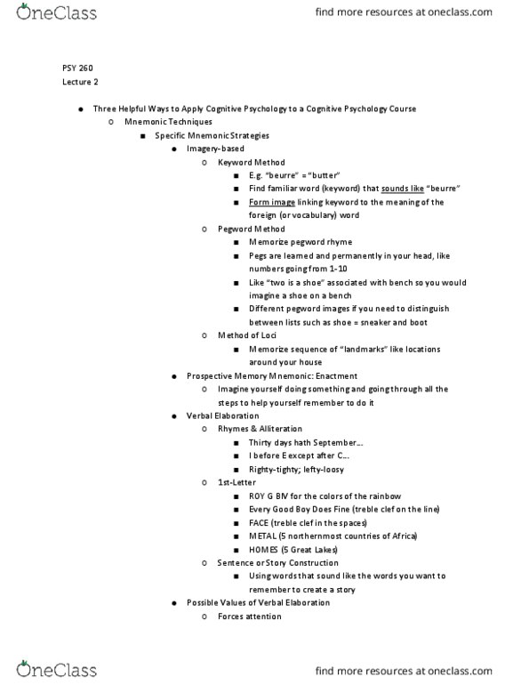 PSY 260 Lecture Notes - Lecture 2: Clef, Metacognition, Mnemonic thumbnail