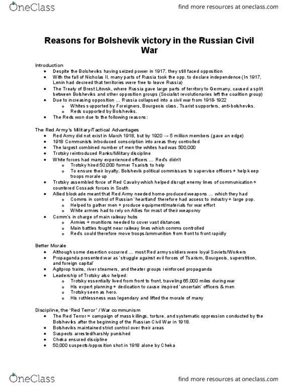 HIS250Y1 Lecture Notes - Lecture 10: Red Cavalry, Red Army, War Communism thumbnail